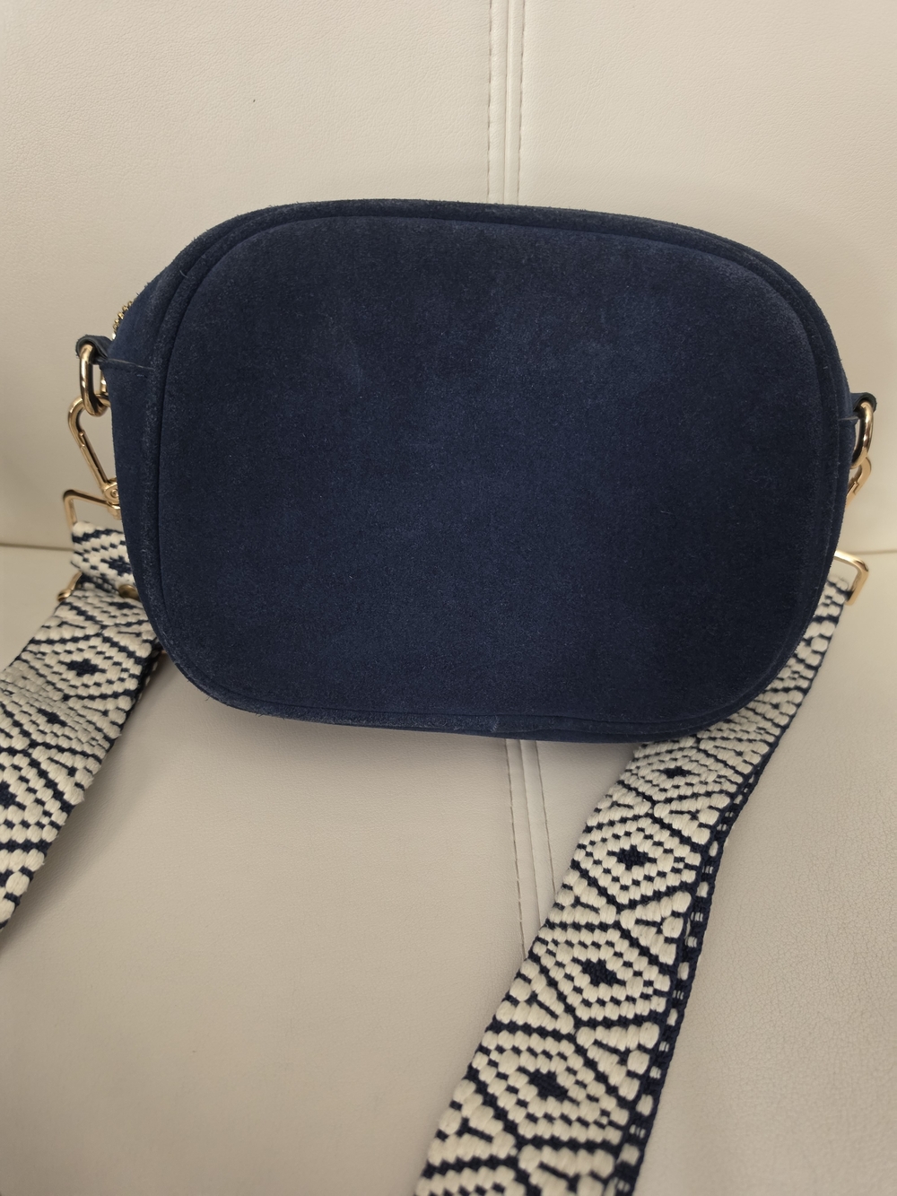 Pom Pom London Navy Suede Crossbody Bag with Patterned Strap
